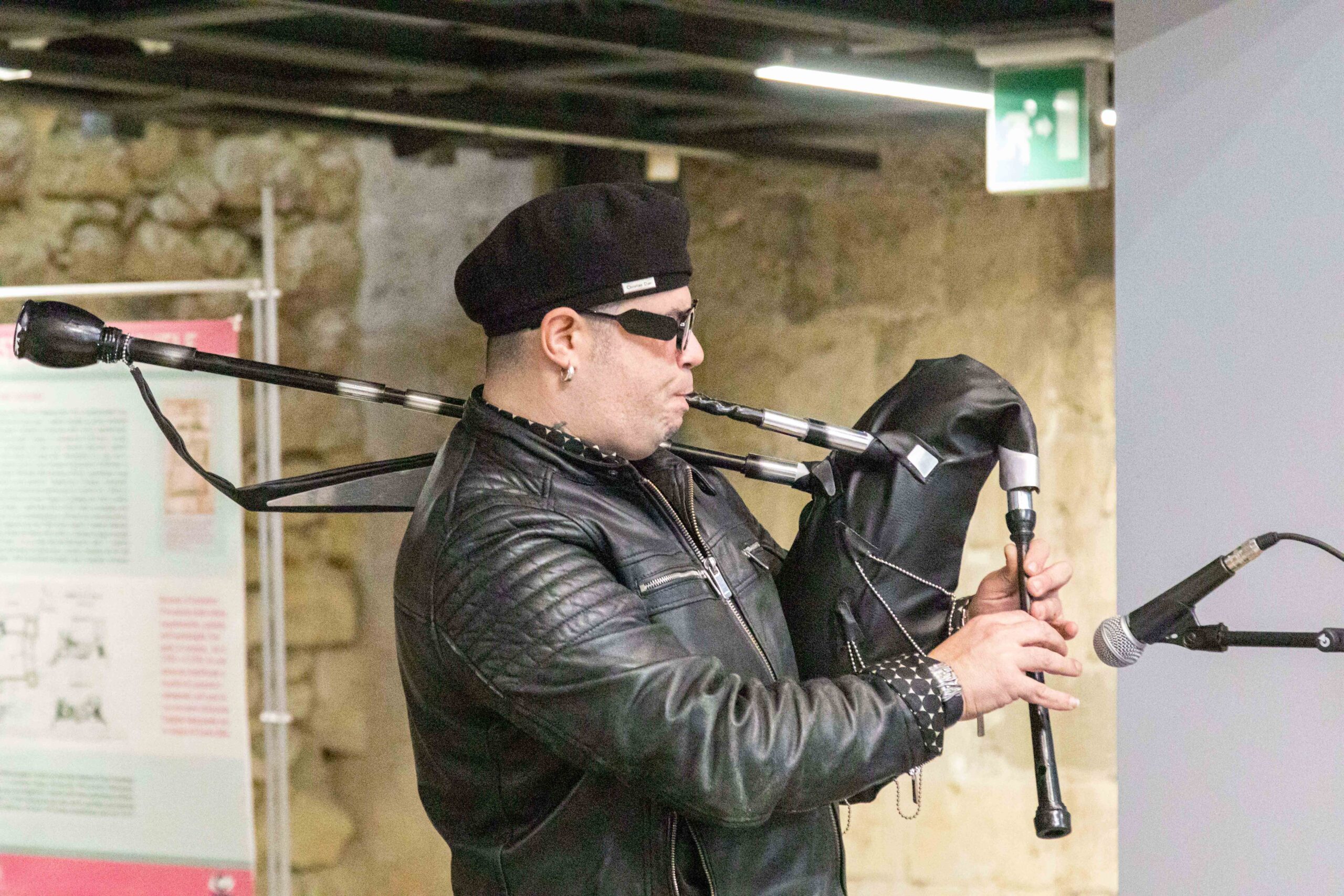 Nicola Agus playing bagpipes realized from recycled materials - Photo: Massimiliano Frau